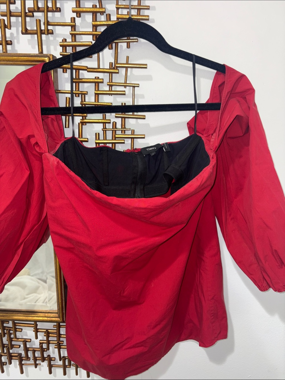 Theory Red Puff-Sleeve Blouse with Black Bodice